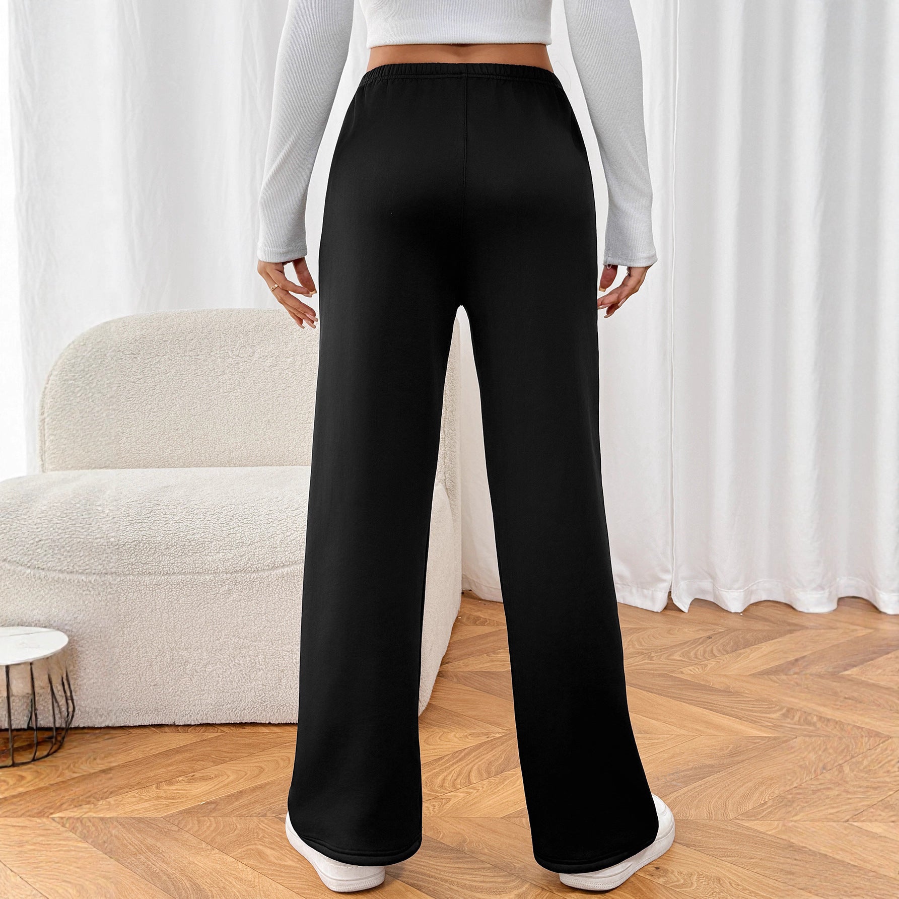 Black Lamb Velvet Wide Leg Mid Waist Warm Casual Pants