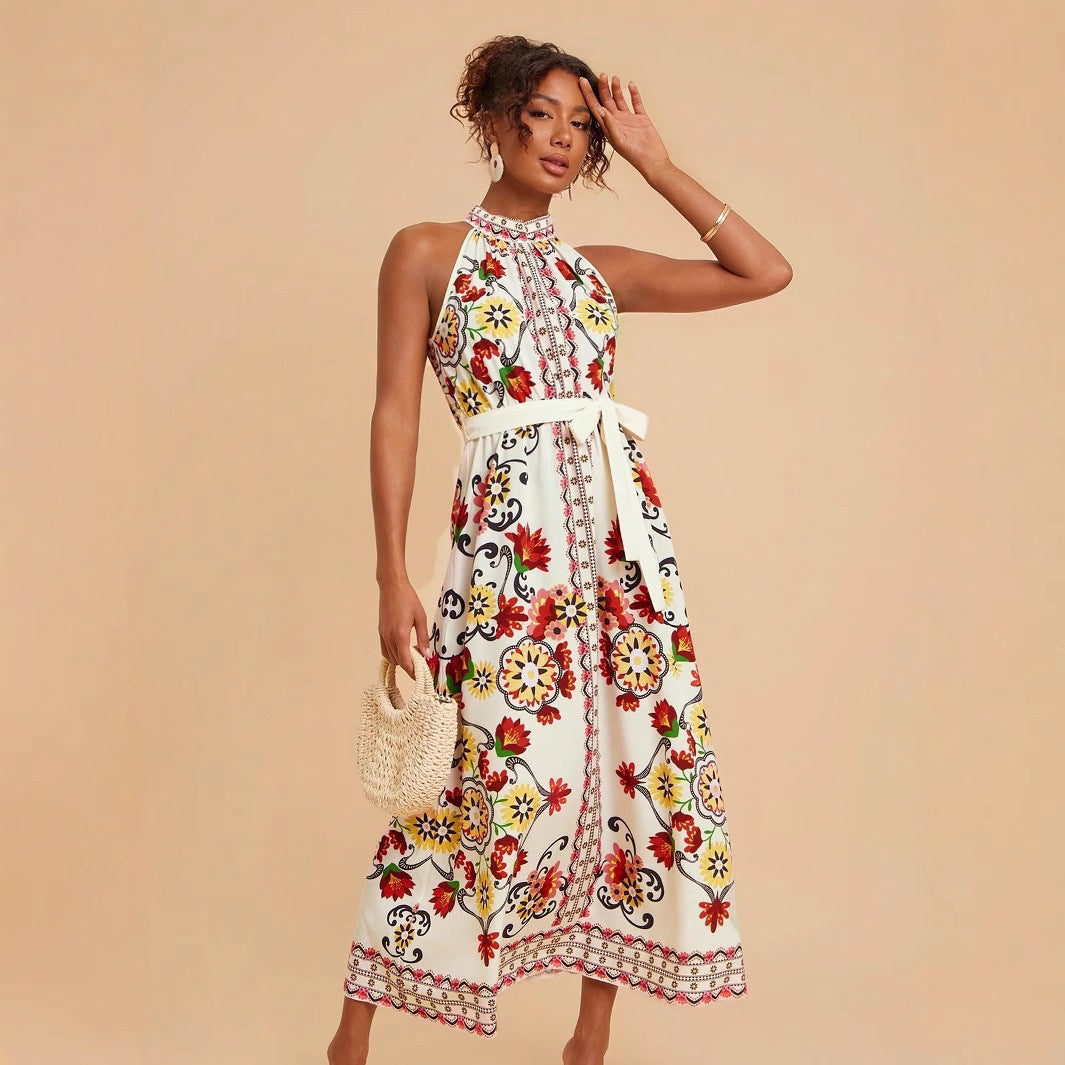 Romantic Floral Print Midi Dress with Lace-Up Sleeveless Accents-Theone Apparel