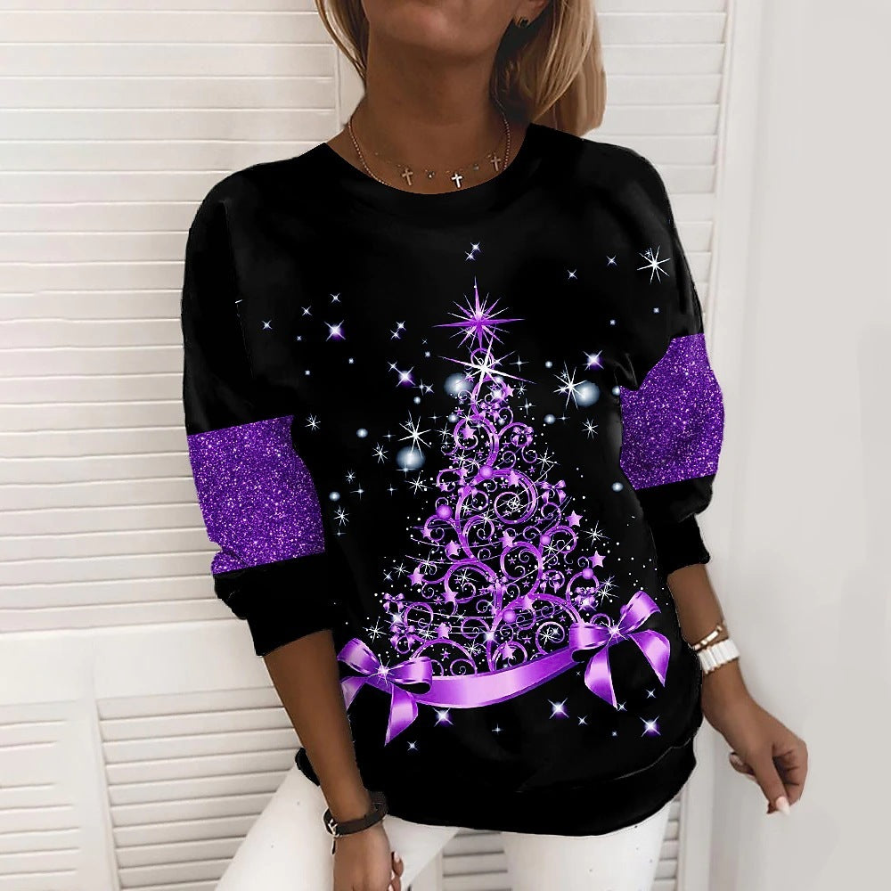 Sophisticated Christmas Black and White Sweater with Sparkly Tree-Purple-Theone Apparel