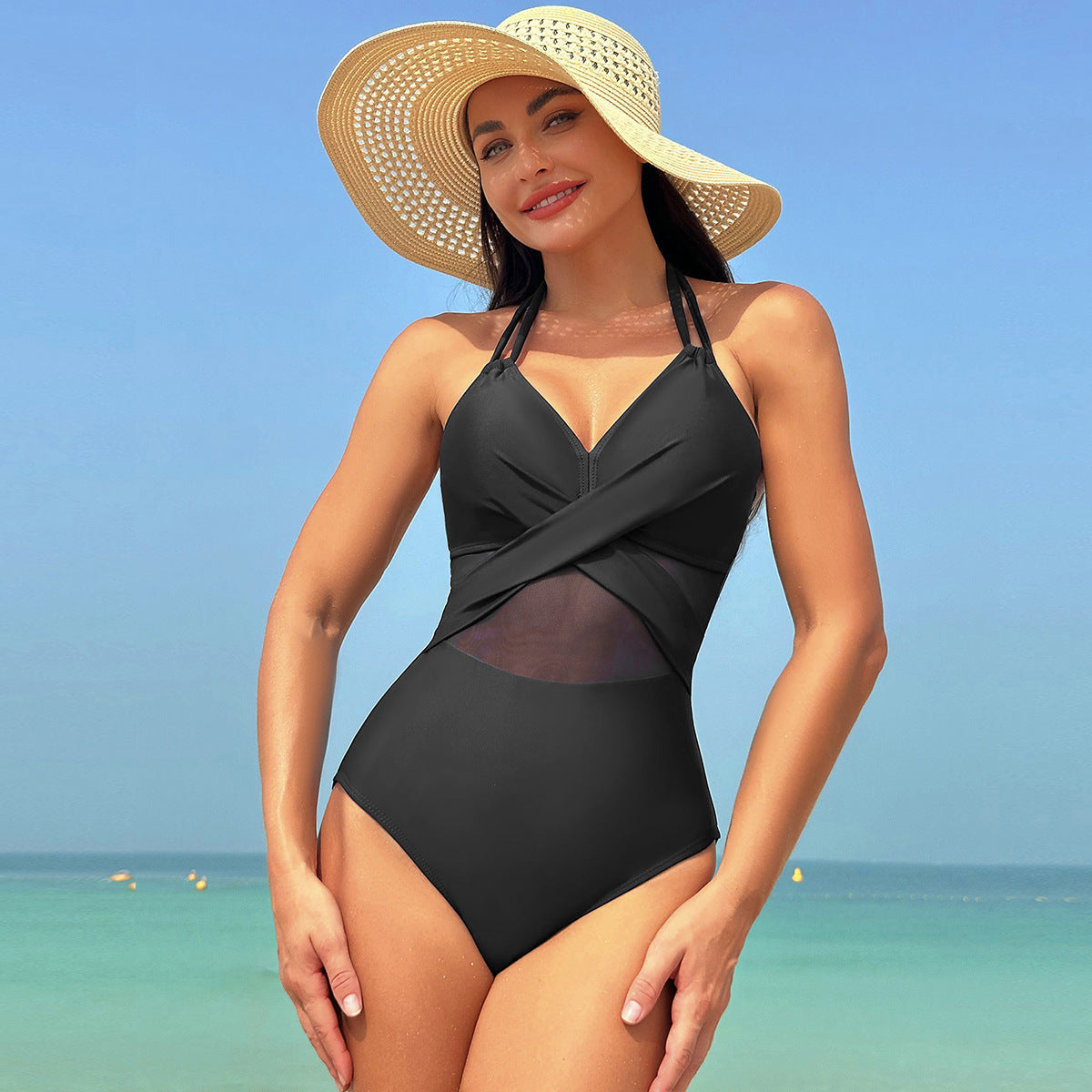 Women's One Piece Swimsuit with Mesh Midriff-Black-Theone Apparel