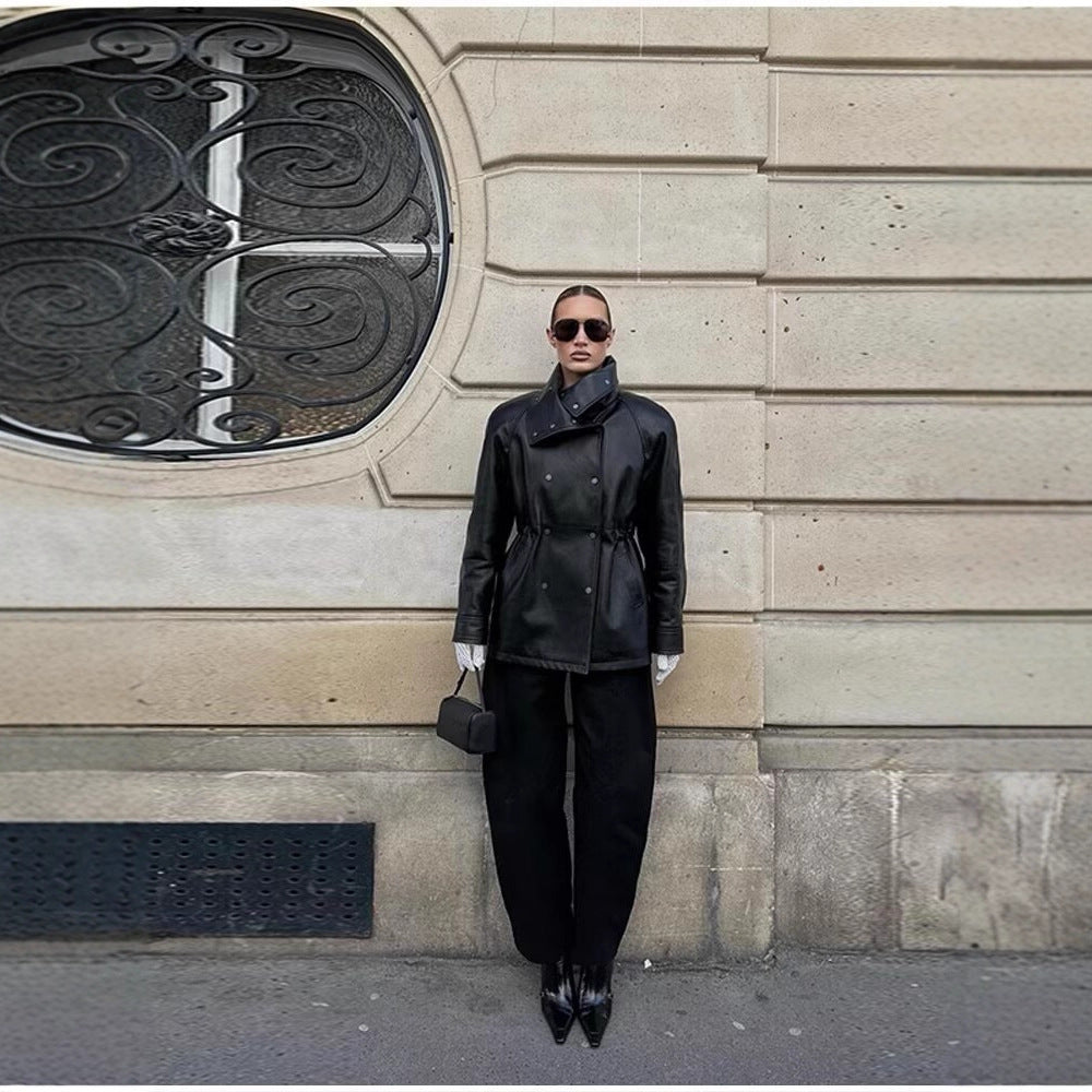 Black Mid-Length Faux-Leather Jacket For Women