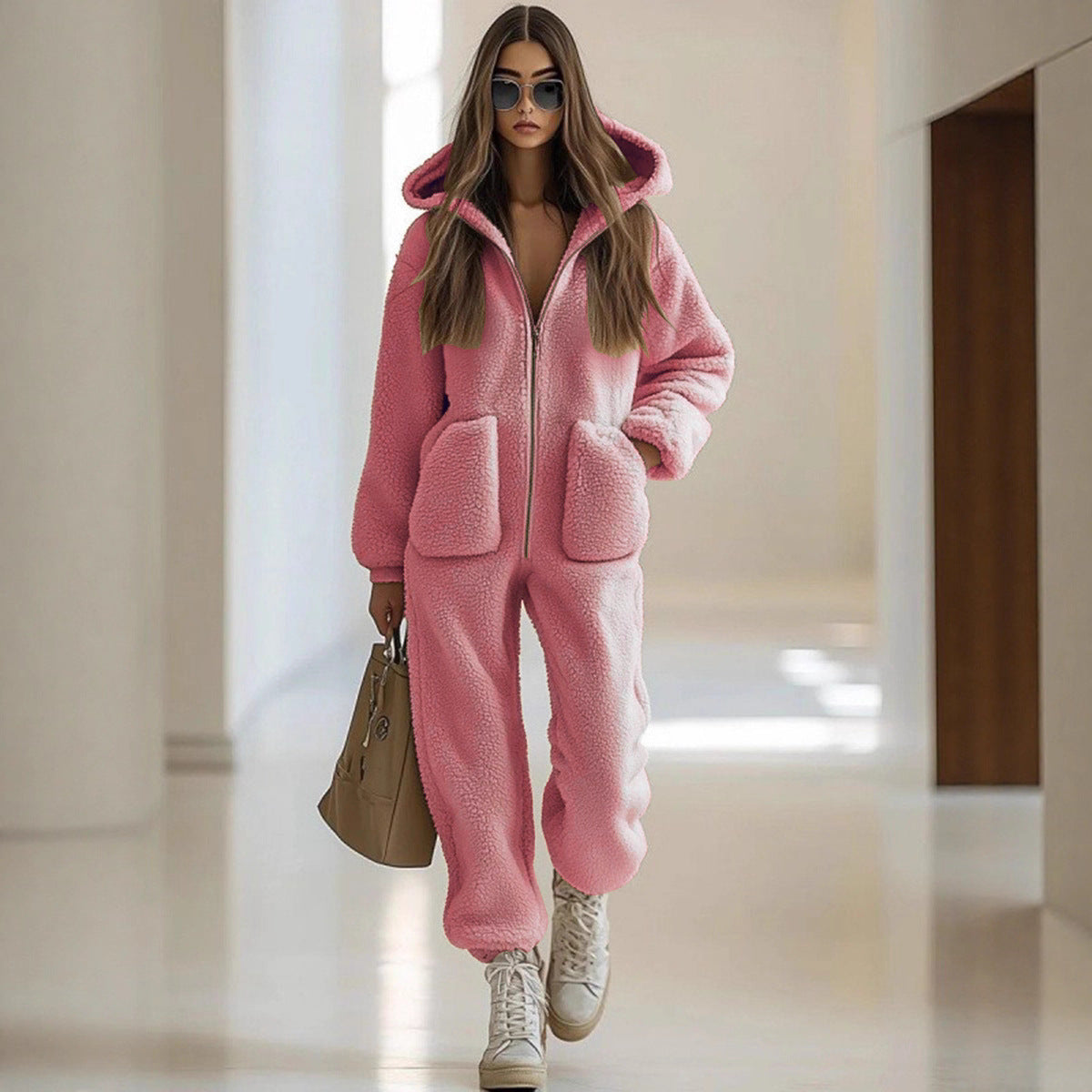 Hooded Pocket Trim Loose Straight Plush Jumpsuit