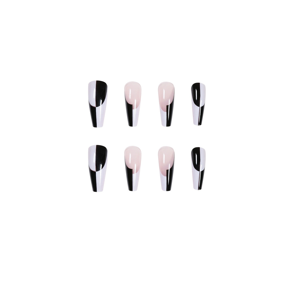 Women's Retro Long Square Black and White Asymmetrical False Nail Set