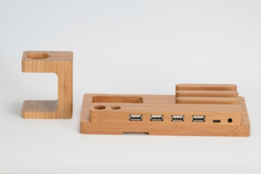 Bamboo Wood Multi?Device Charging Stand For Phones Tablets And Watches