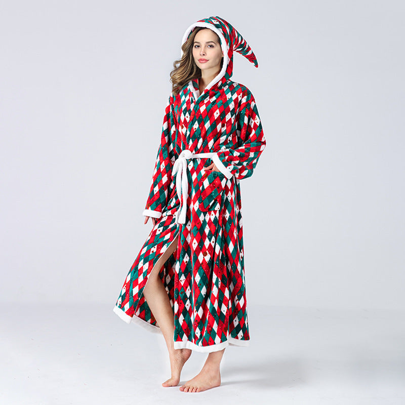 Cute Women's Red White and Green Christmas Themed Robe with Hood