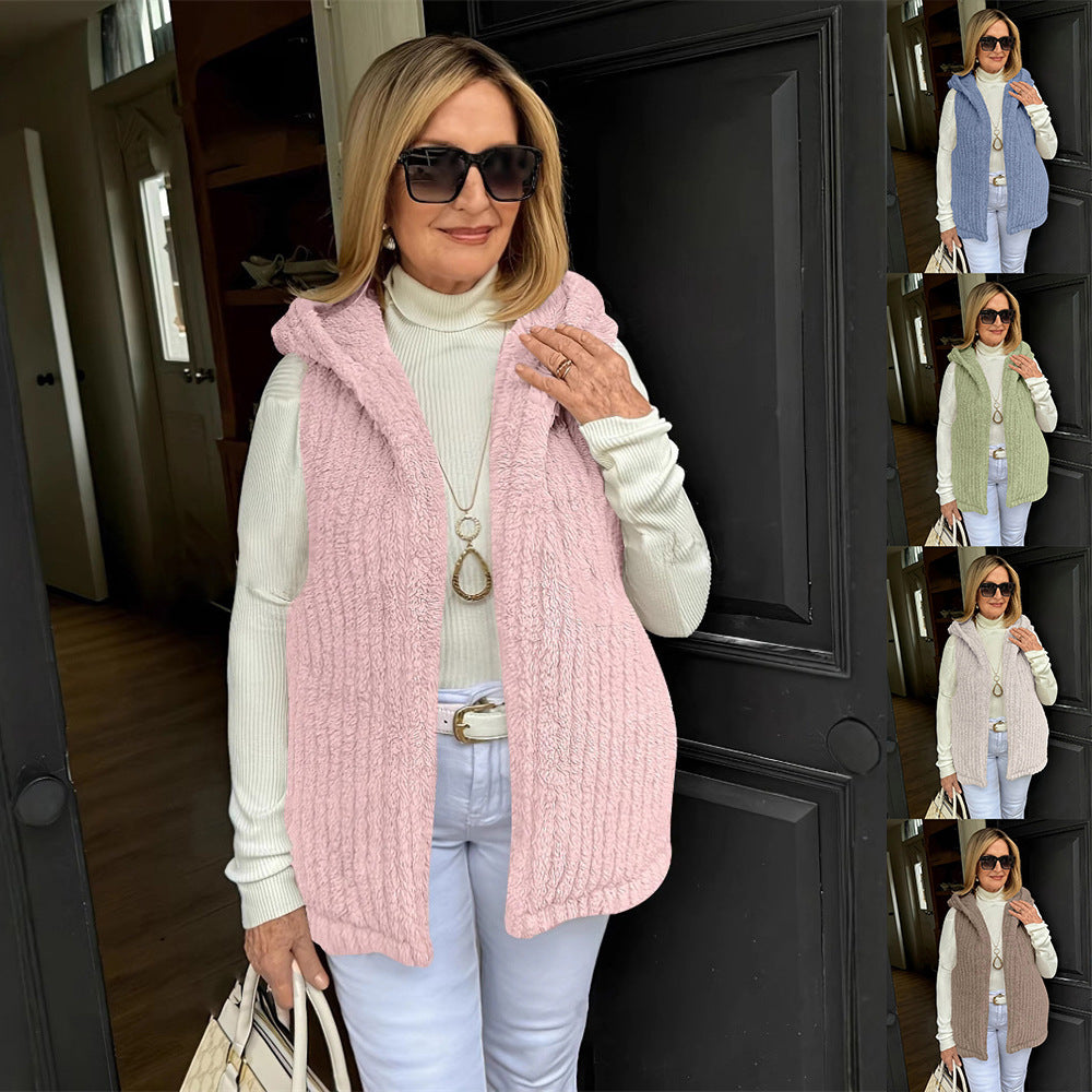 Women's Solid-Color Casual Fuzzy Hooded Vest Sleeveless Jacket