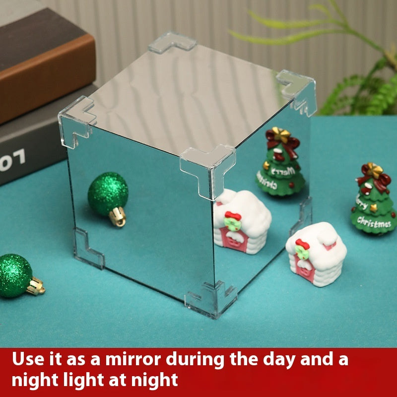 Mirrored Glass Cube Light-Up Snowman & Snowy Tree Tabletop Christmas Decoration