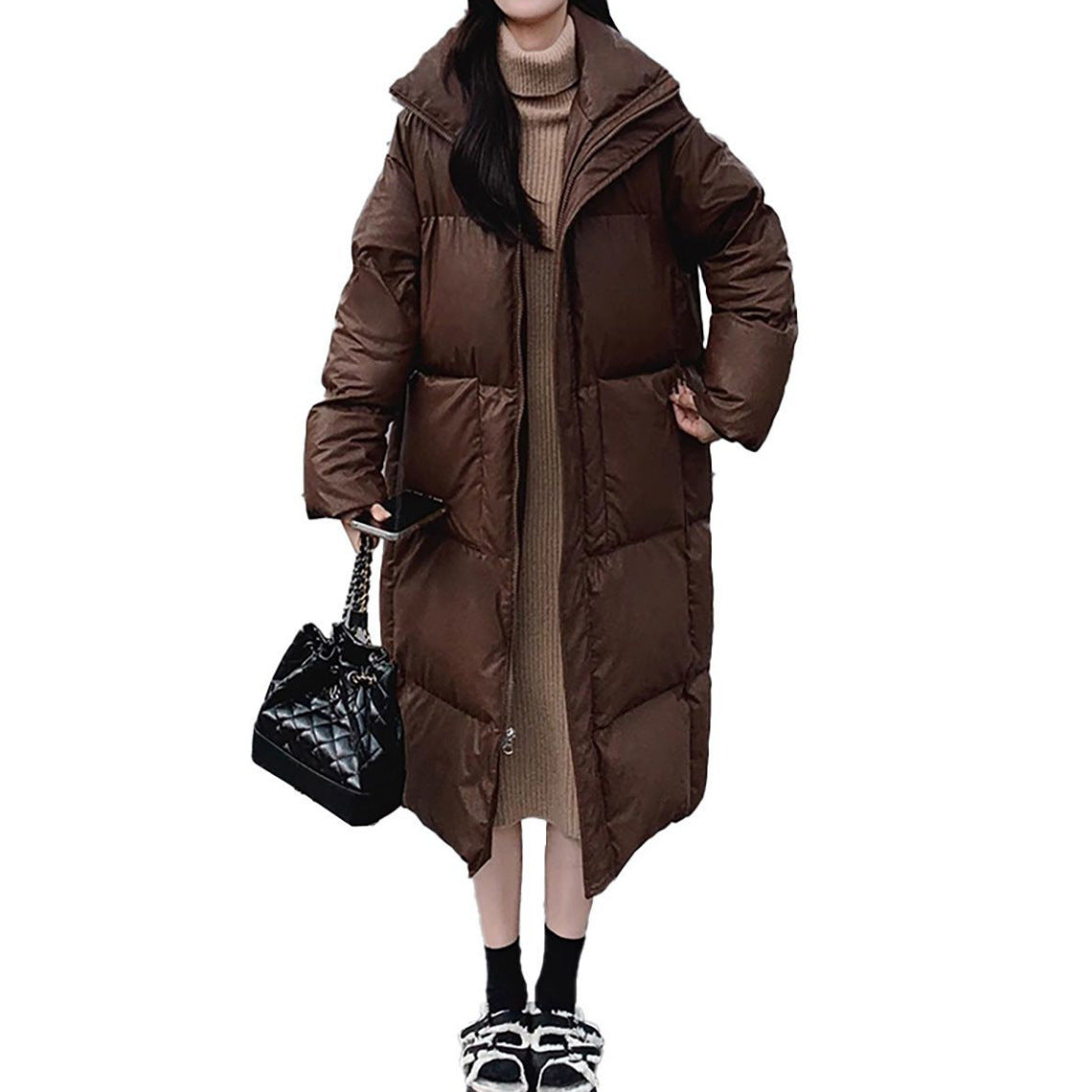 Coffee Brown Mid-Length Padded Puffer Jacket With Zipper