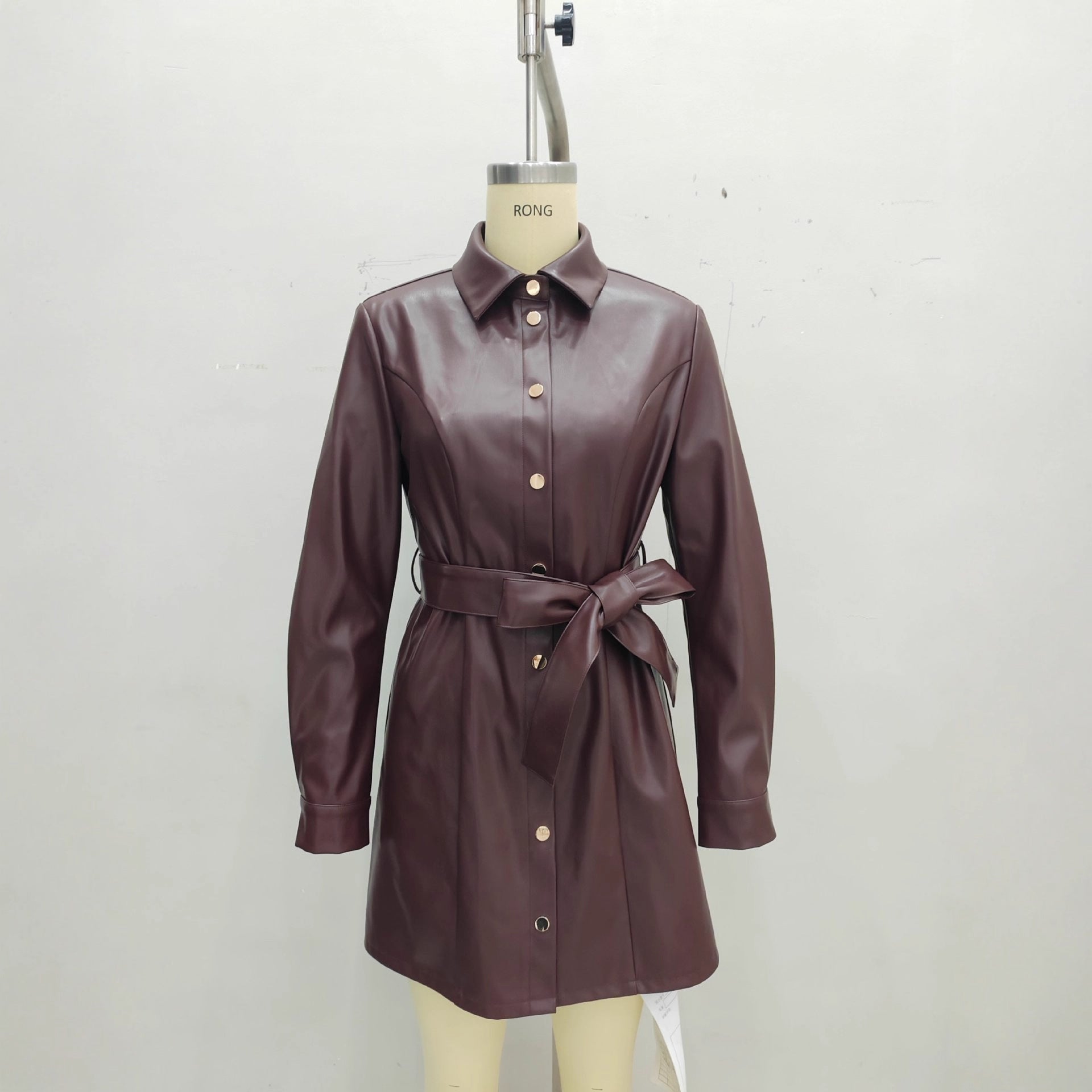 Dark Brown Belted Mid-Length Leather Trench For Women