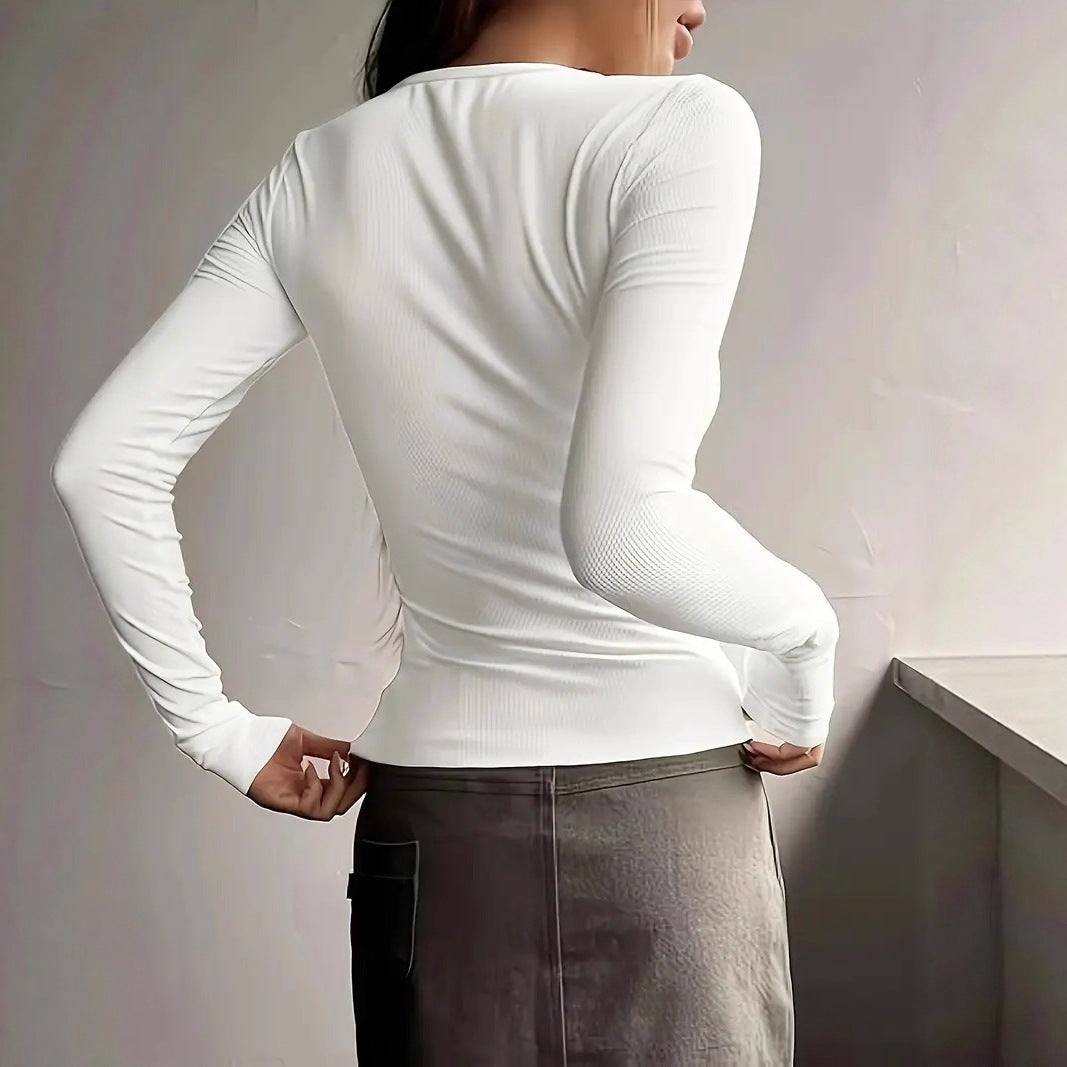 White Button-Front Slim-Fit Long Sleeve Ice-Silk Top