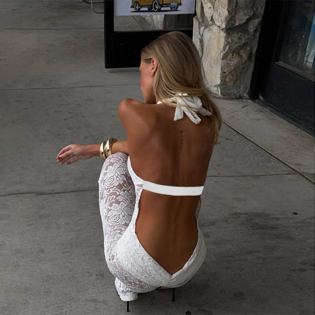 Women's Lace Hollow Backless Jumpsuit