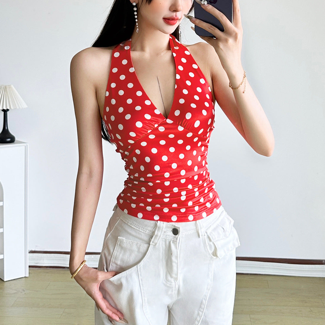 Sexy Black Polka-Dot Printed All-Match Backless V-Neck Halter Neck Bodycon Tank Top
