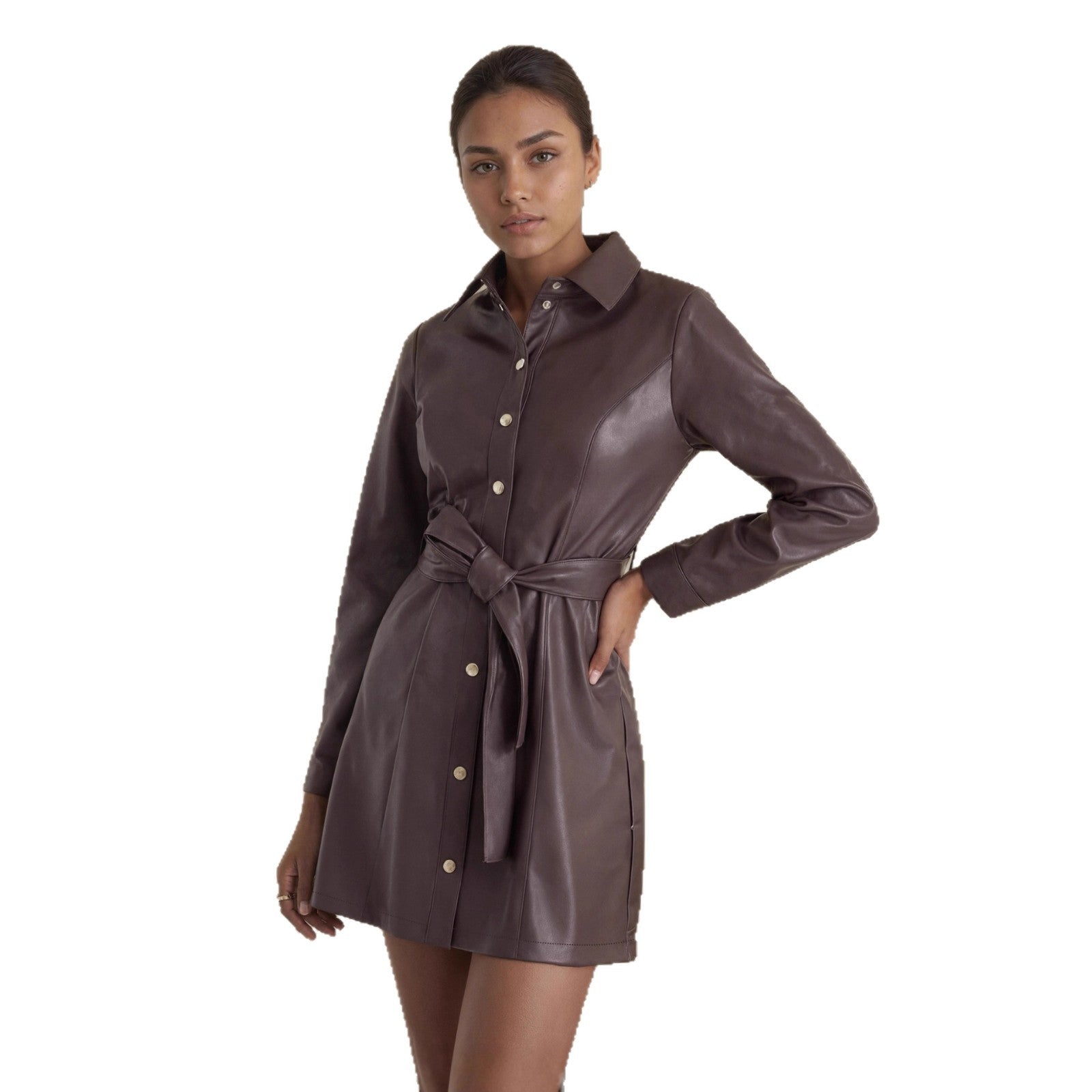 Dark Brown Belted Mid-Length Leather Trench For Women