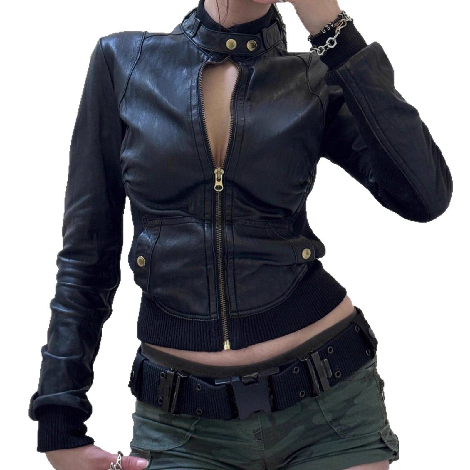 American Street Locomotive Style Waist Trimming Short Stand Collar PU Leather Jacket