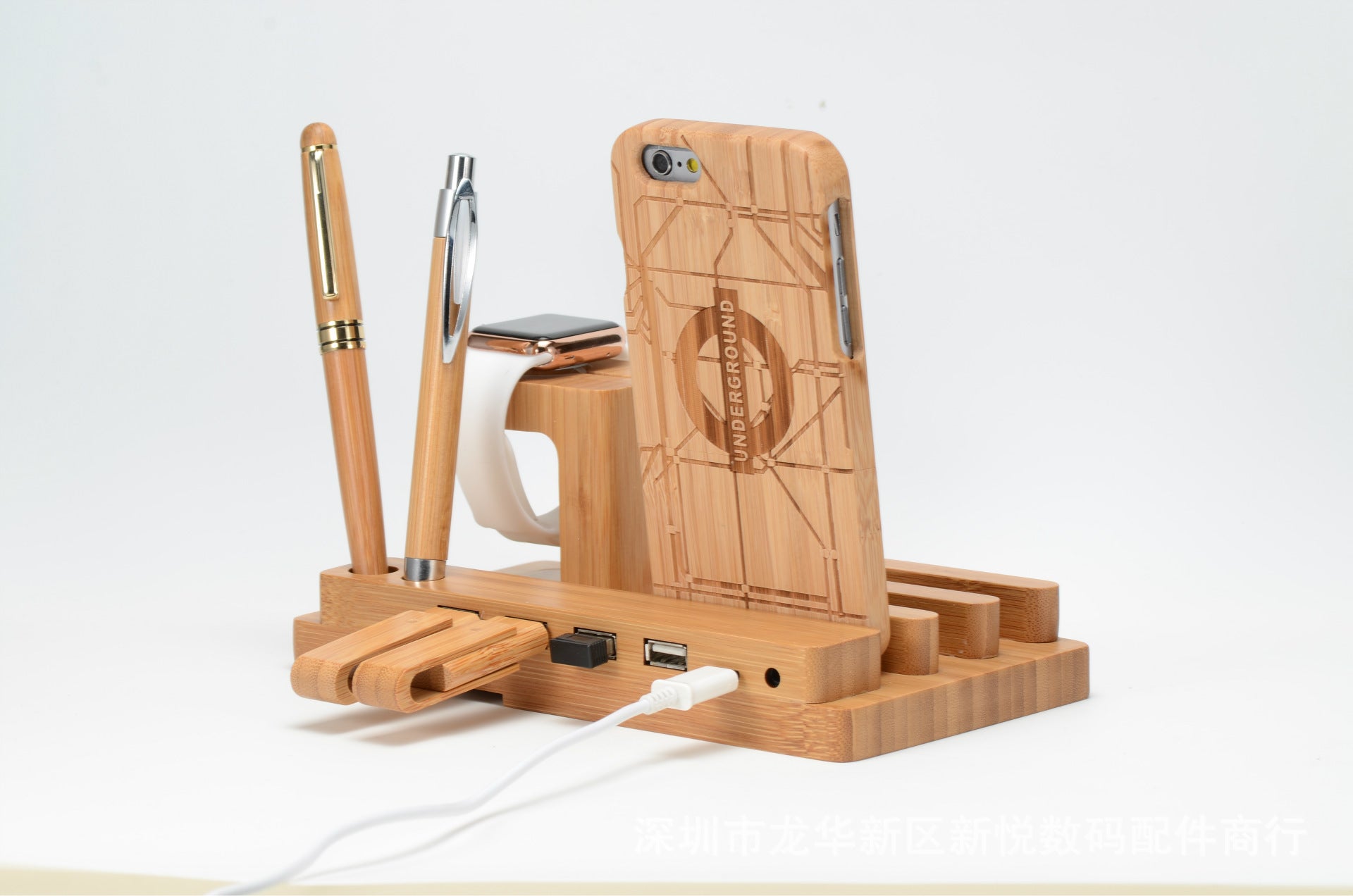 Bamboo Wood Multi?Device Charging Stand For Phones Tablets And Watches