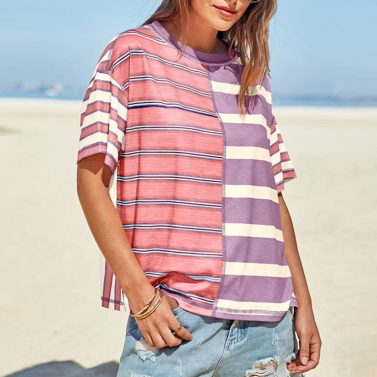 Women's Striped Casual Loose-fitting Short-sleeve Shirt
