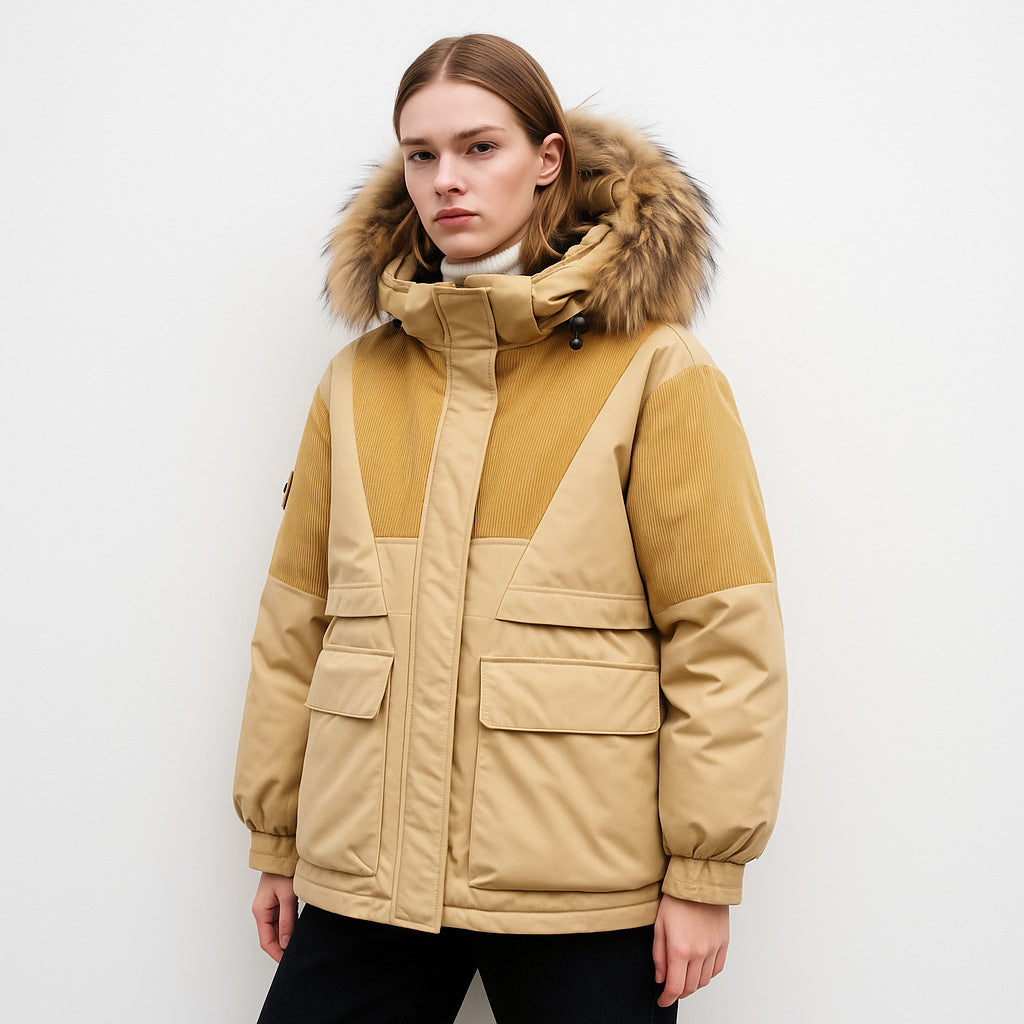 Hooded Women's Fox Fur Trim Workwear Jacket