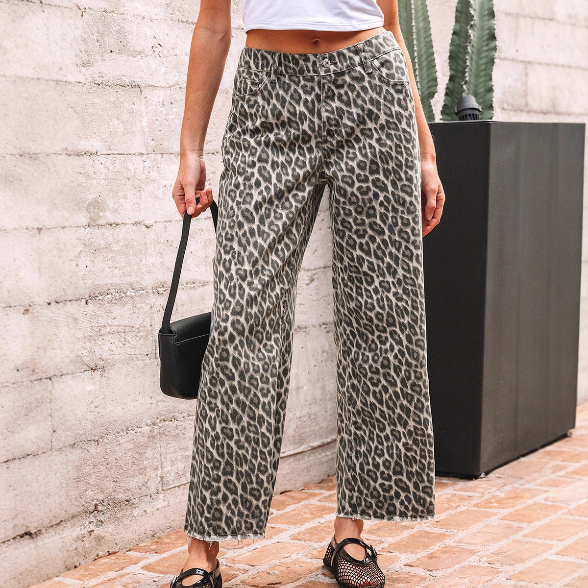 Retro High-waisted Jeans Leopard Print Zip-rolled Hem Wide-leg Pants