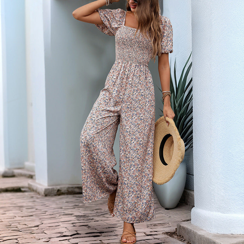 Square Collar Puff Sleeve Vacation Style Floral Jumpsuit