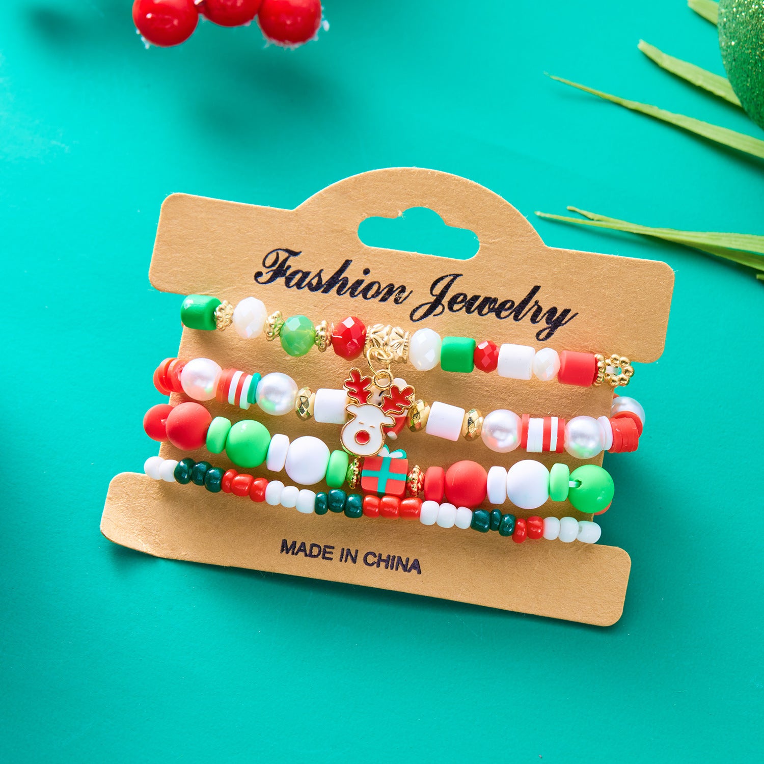 4-Piece Christmas Stacked Beaded Charm Bracelet Set in Assorted Styles-Theone Apparel