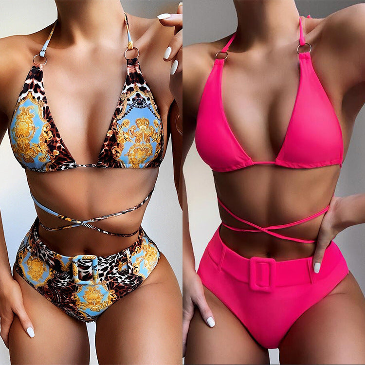 Women's Two Piece Bikini with Belt Buckle and Waist Straps