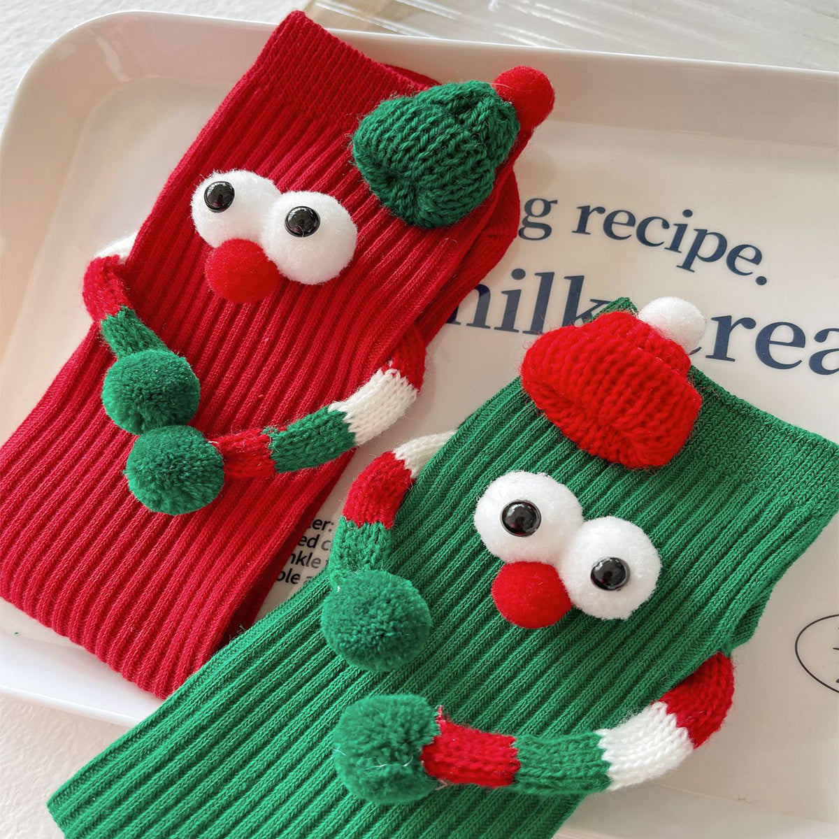 Whimsical Googly Eye 3D Christmas Socks in Red and Green for Kids