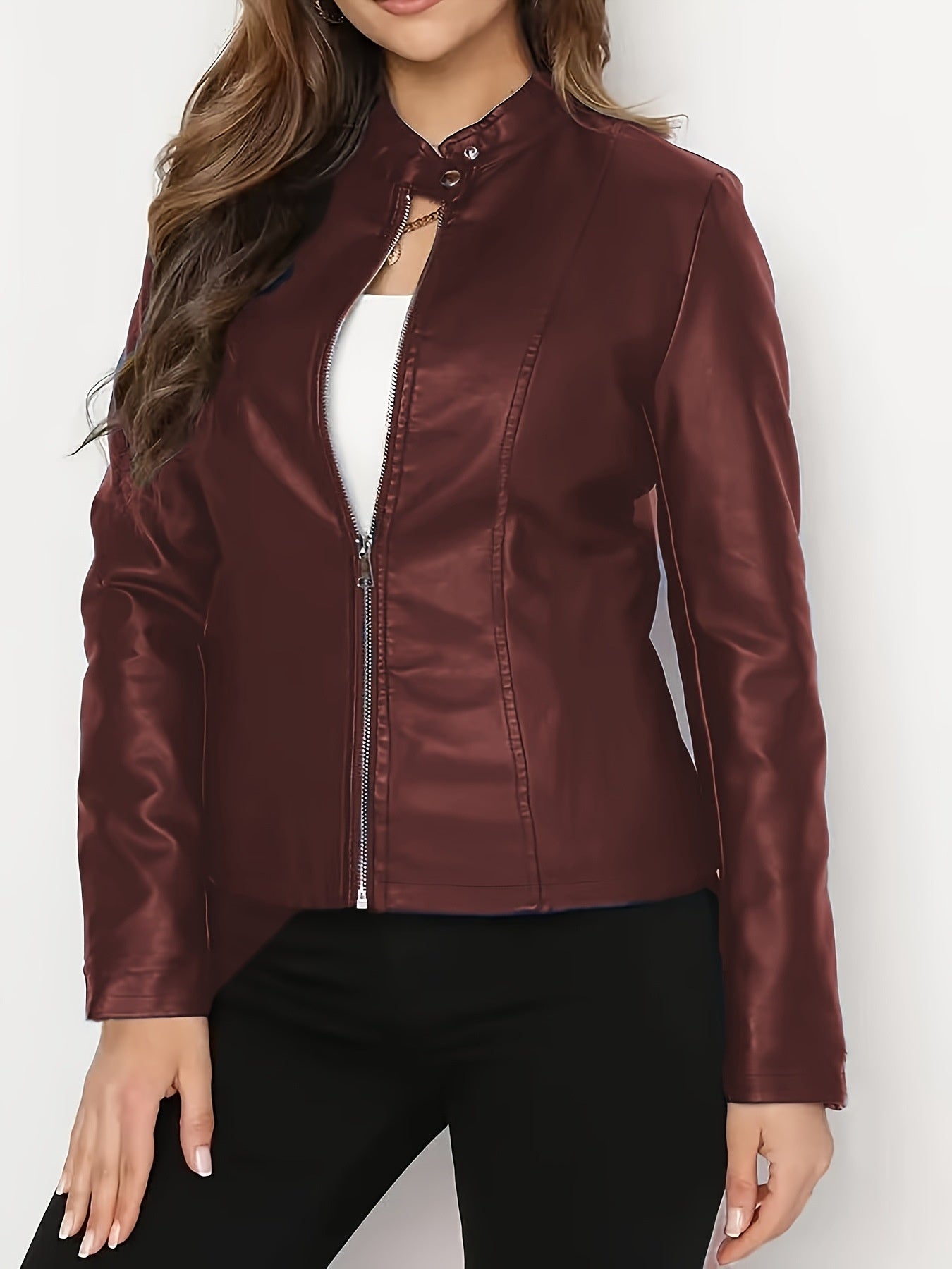 Fashionable Slim Fit Short PU Leather Jacket For Women