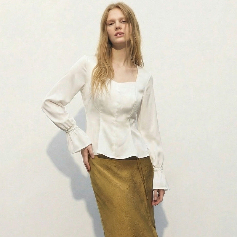 U-neck Puffed-sleeve Pullover Shirt