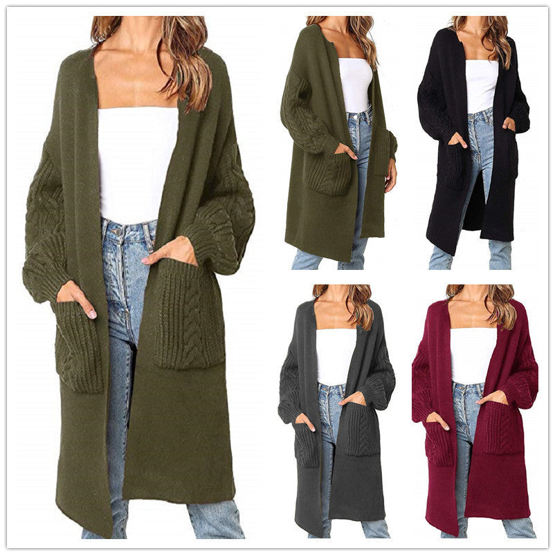 Cable Knit Lantern Sleeve Cardigan Coat For Women