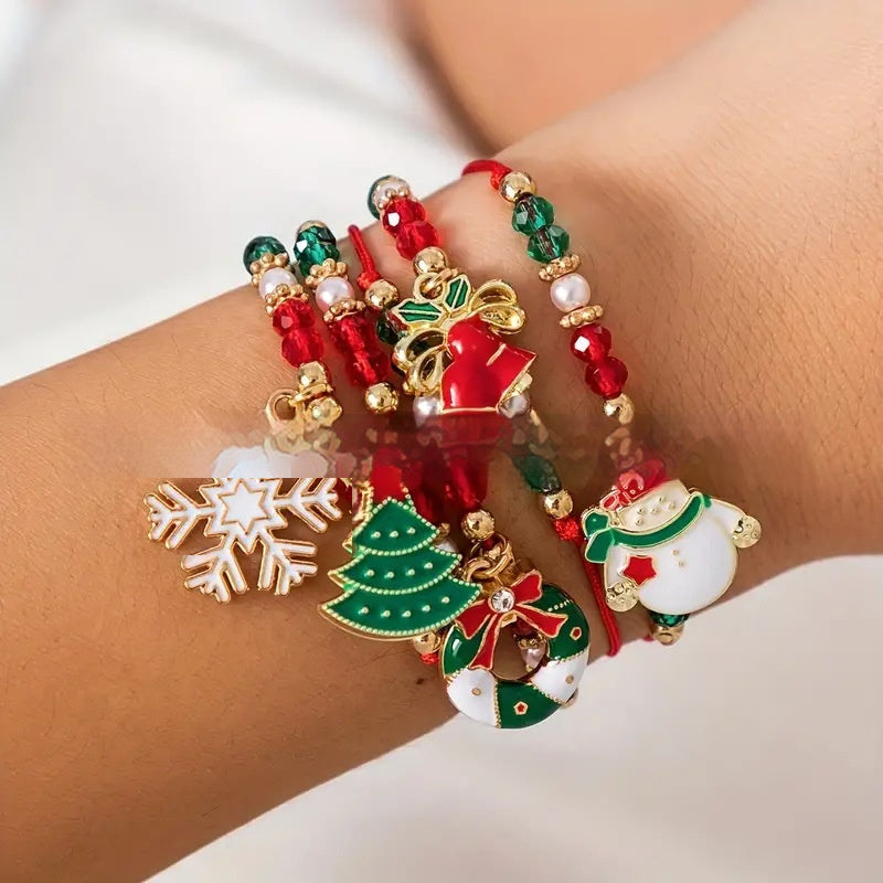 5-Piece Christmas Ribbon & Bead Bracelet Set With Tree, Bell, Snowflake, Wreath & Snowman-Theone Apparel