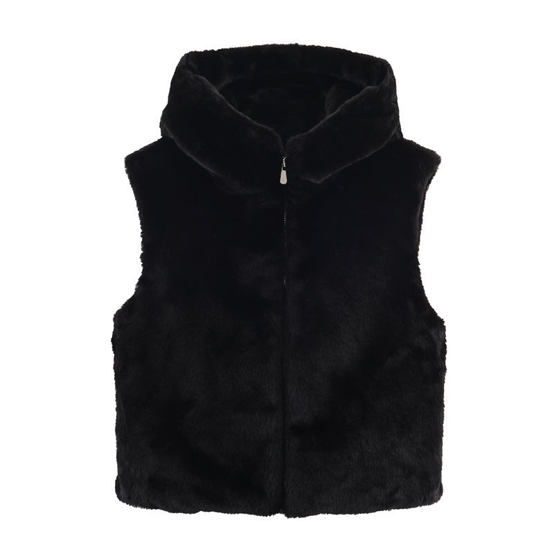 European And American Style Fashionable Hooded Faux Fur Effect Vest