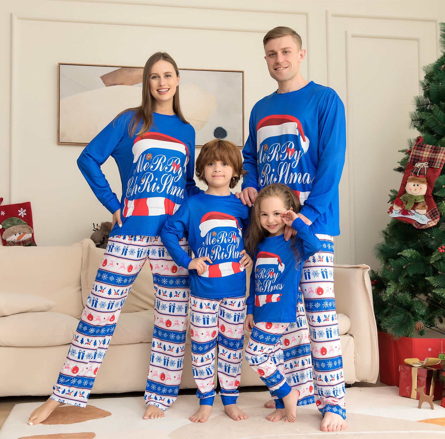 Blue and White Merry Christmas Matching Family Pajama Set