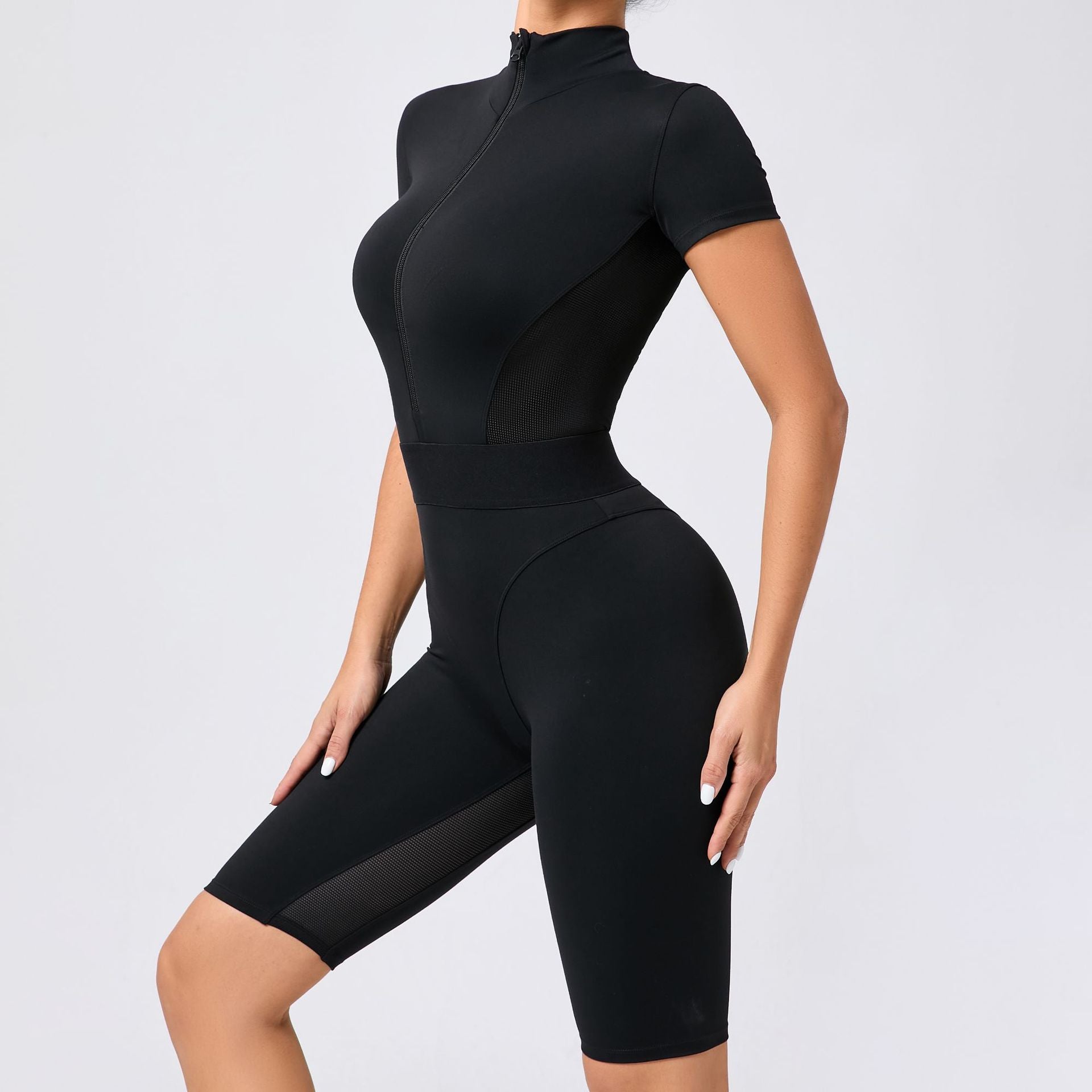 Tight Waist Open Collar Zipper Short Sleeve Yoga Jumpsuit Women