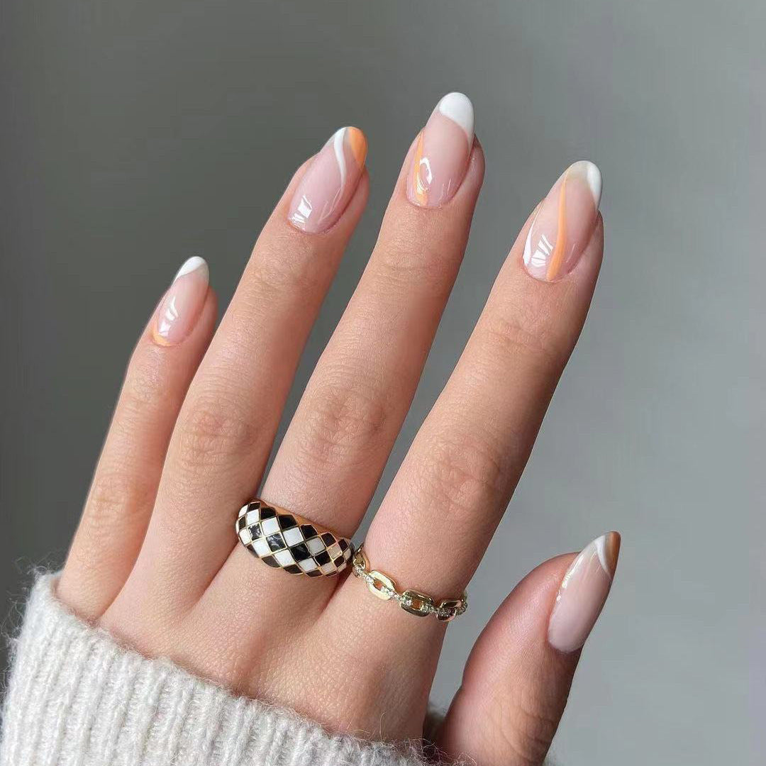 Women's Nude Almond Nail Set with Black Accent Details