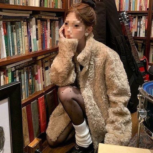 Women's Mid-length Stand Collar Loose Thick Fleece Coat