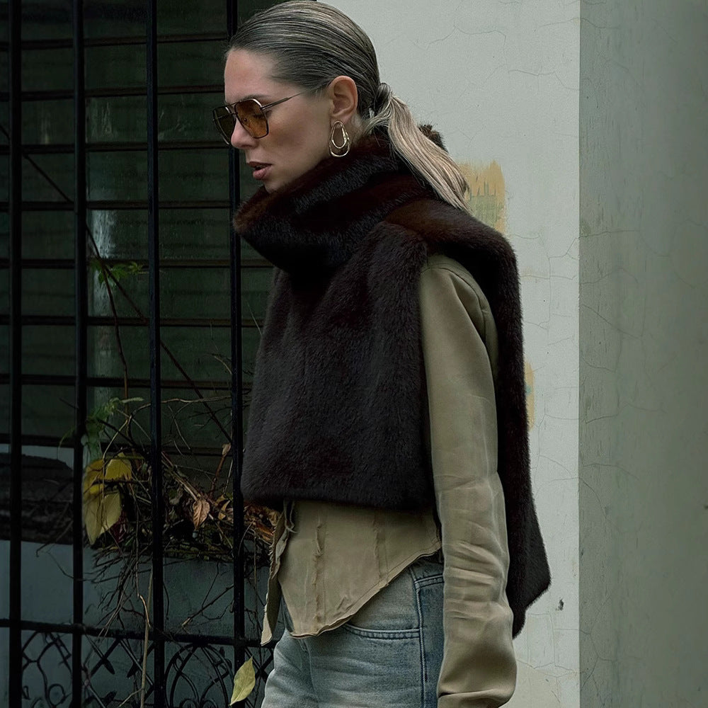 New Solid Color Half Turtleneck Sleeveless Fur Vest For Women