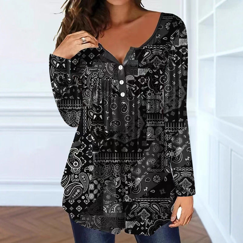 Loose-fit Buttoned V-neck Top Women's T-shirt