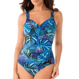 Women's One Piece Blue Tropical Swimsuit with Sweetheart Neckline