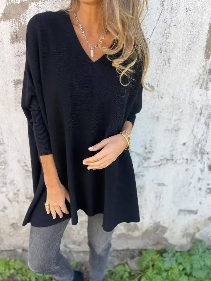 Autumn Winter Knitted V Neck Long Sleeve Loose Top For Women