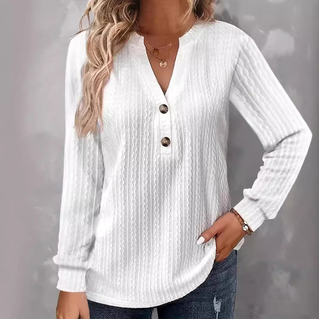 Women's Solid-color Long-sleeve V-neck Button T-shirt Top