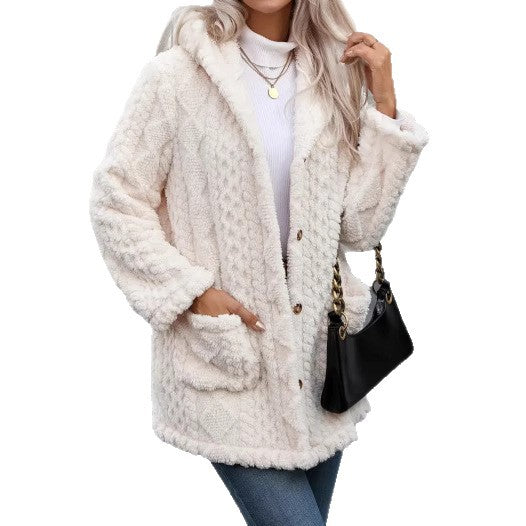 Beige Faux-Fur Lapel Coat For Women Elegant