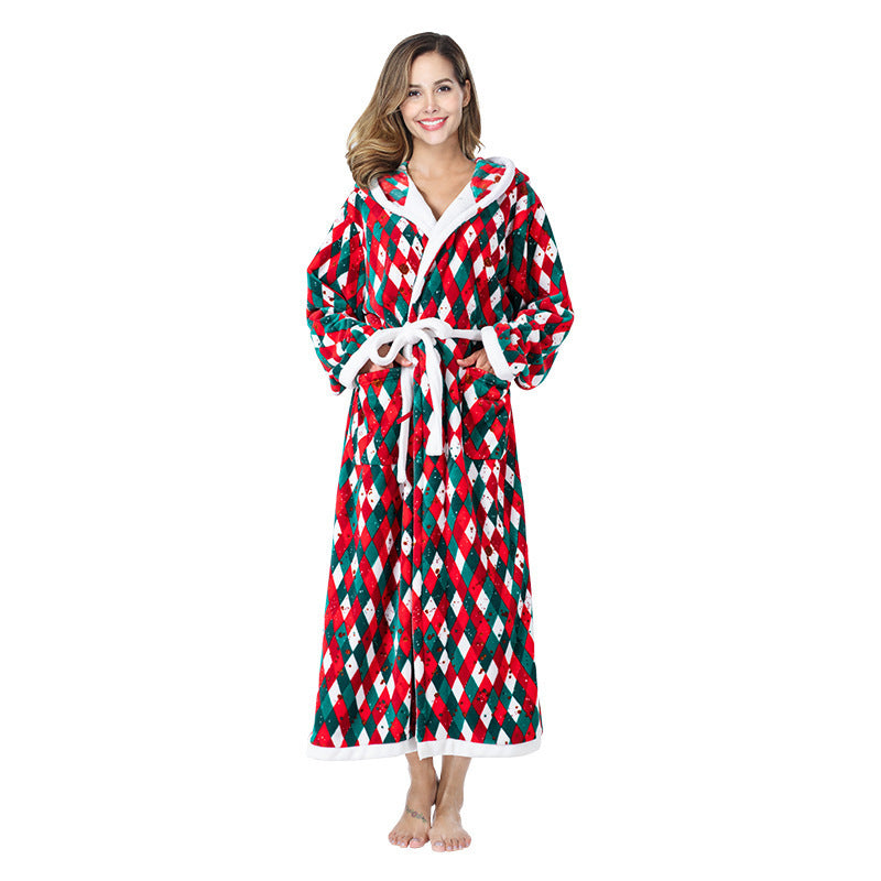 Cute Women's Red White and Green Christmas Themed Robe with Hood