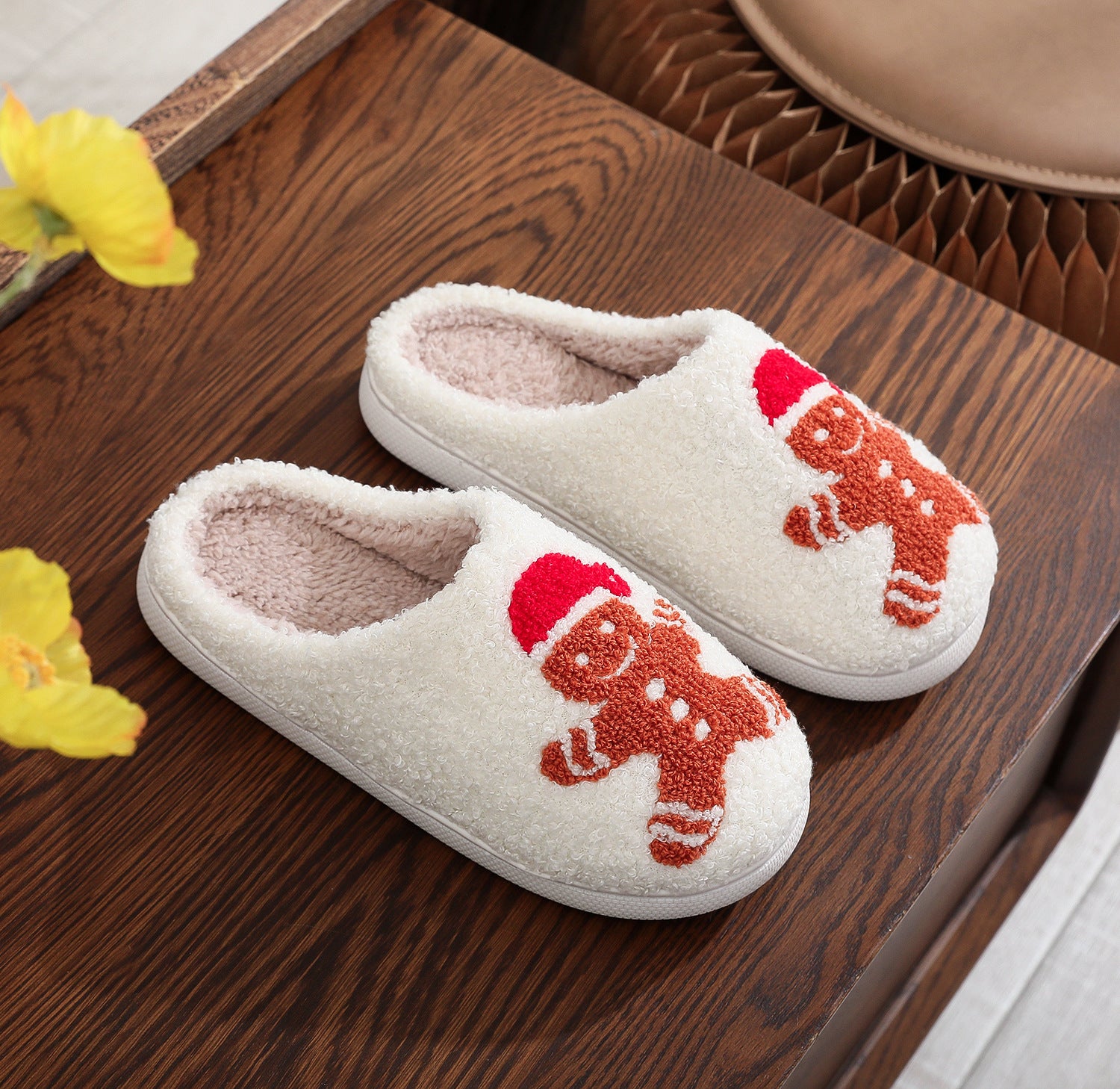 Ultra Soft Fleece Closed Toe Slip On Gingerbread House Shoes