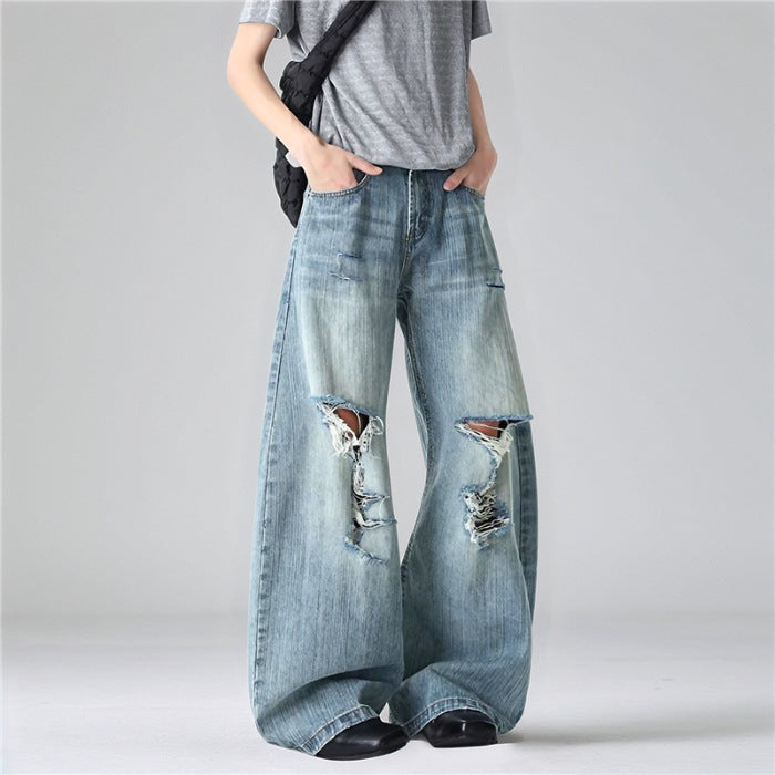 Women's Summer American Washed Bamboo Hole Ripped Jeans Niche Plus Size