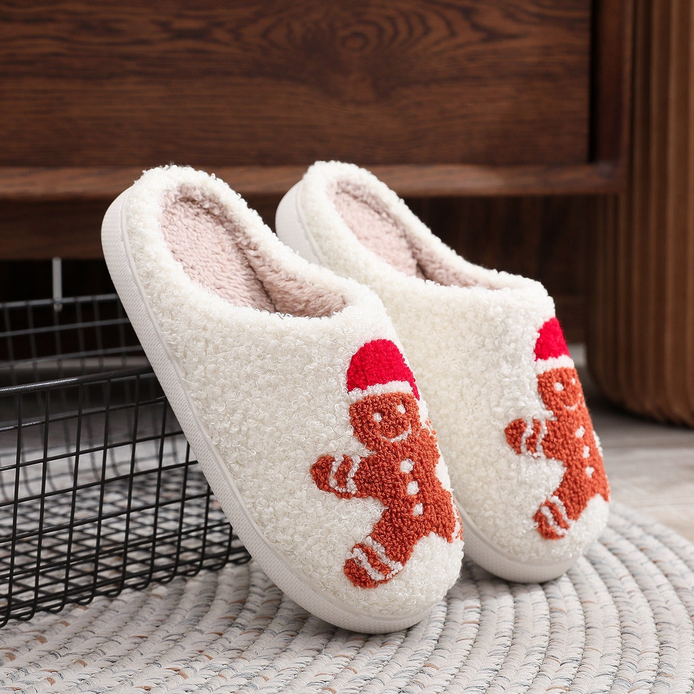 Ultra Soft Fleece Closed Toe Slip On Gingerbread House Shoes