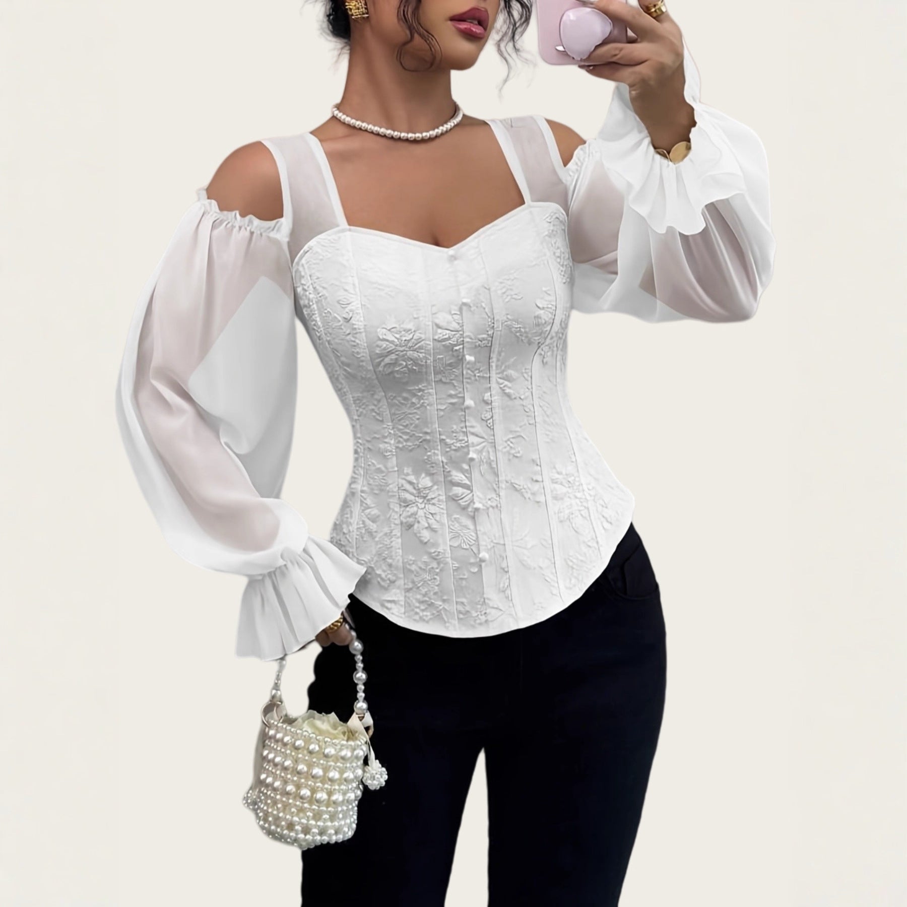 Elegant Off-Shoulder Floral Jacquard Blouse For Women