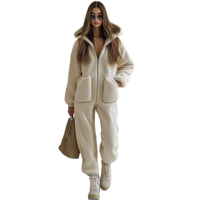 Hooded Pocket Trim Loose Straight Plush Jumpsuit