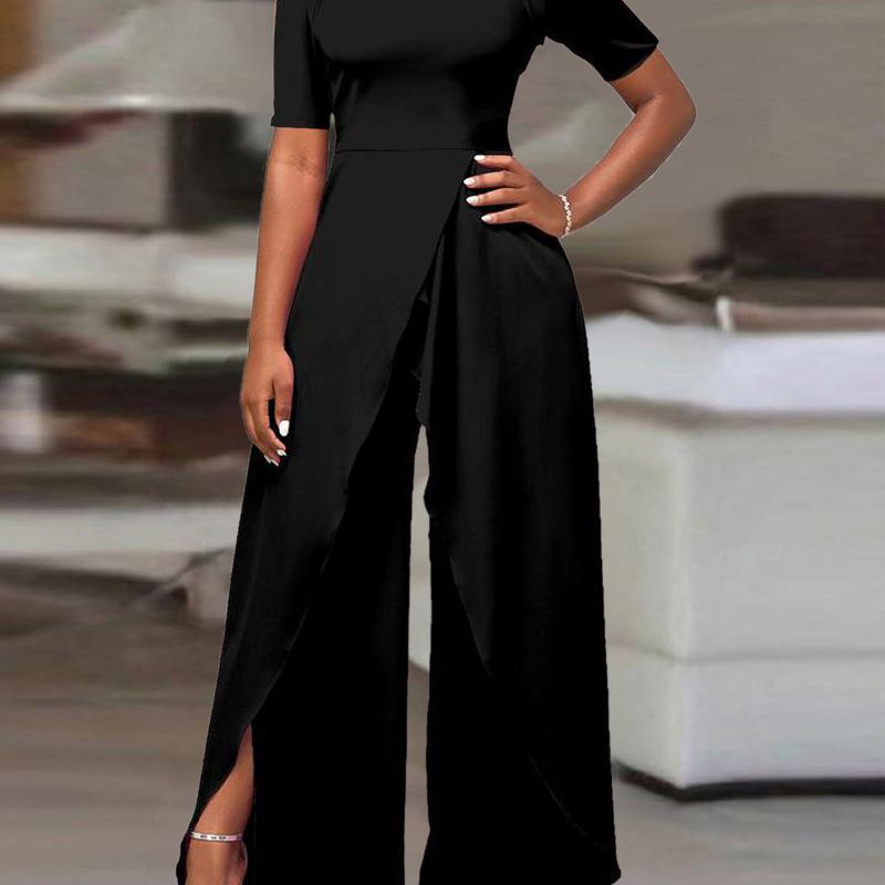 European And American Women's Fashion Short-sleeve Off-shoulder Solid-color Jumpsuit