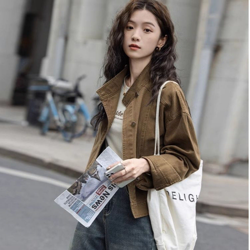 Korean Retro Stand-Collar Workwear Jacket For Women