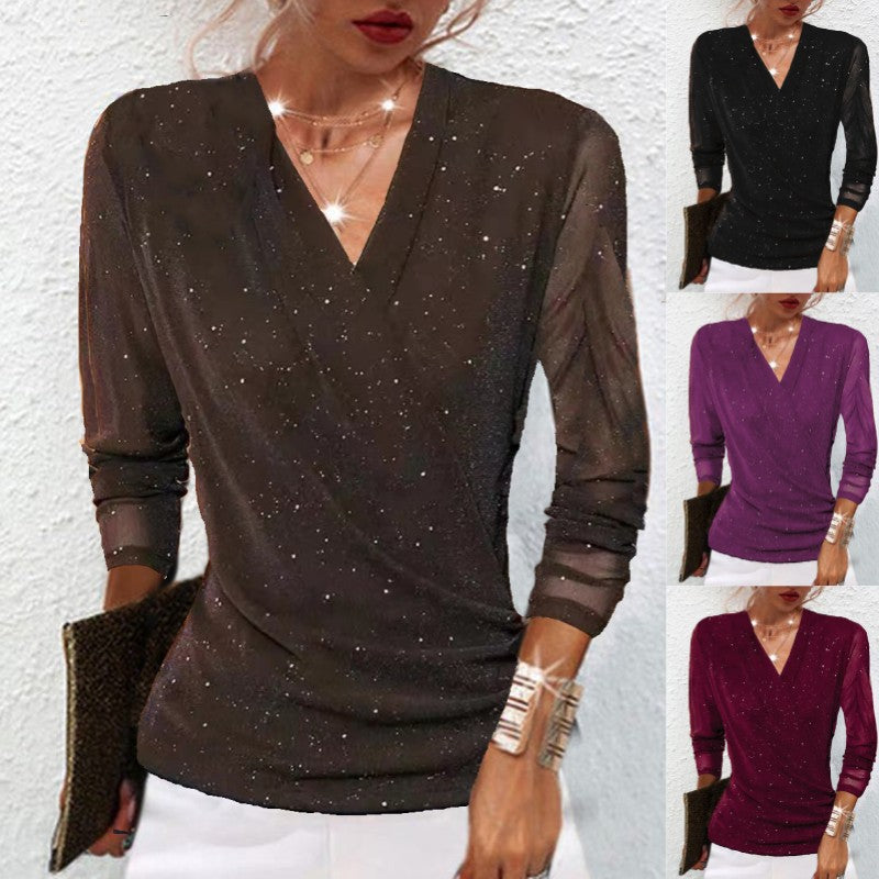 Chic Mesh V Neck Long Sleeve Top For Women